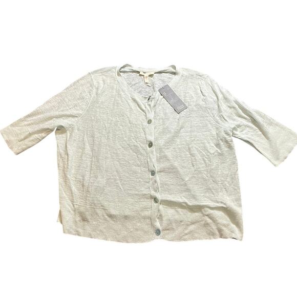 Eileen Fisher Mint Green Jewel Short Sleeve Cardigan Button Down Linen Size XL - Picture 1 of 9